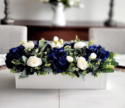 Navy Blue Wedding Centerpiece – Silk Flower Rustic Wooden Box