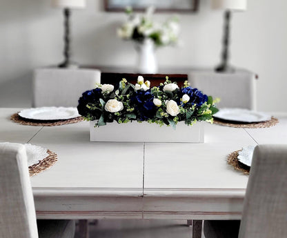 Navy Blue Centerpiece – Silk Flower Arrangement in Rustic Wood Box