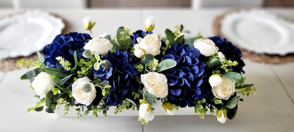 Navy Blue Wedding Centerpiece – Silk Flower Rustic Wooden Box
