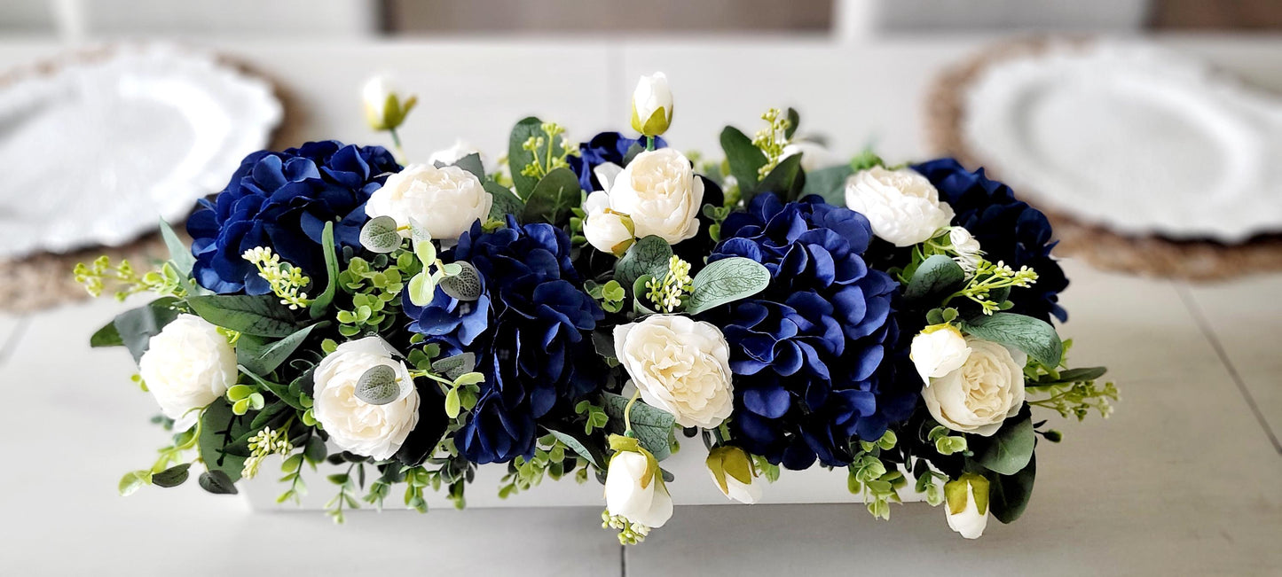 Navy Blue Centerpiece – Silk Flower Arrangement in Rustic Wood Box