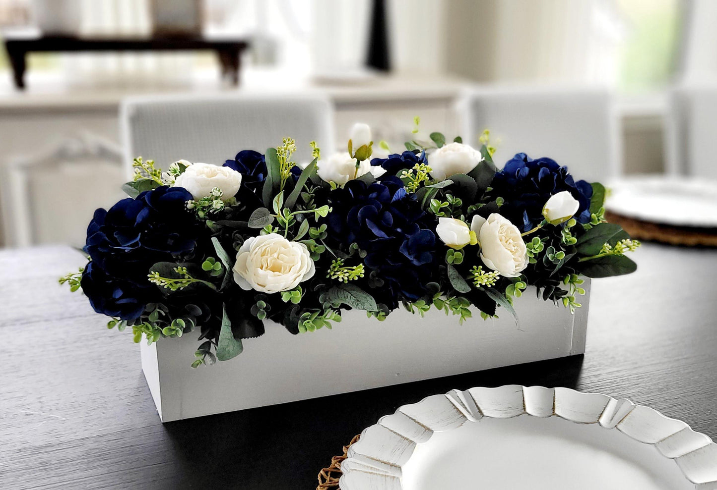 Navy Blue Centerpiece – Silk Flower Arrangement in Rustic Wood Box