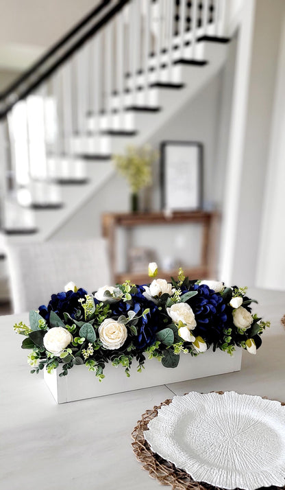 Navy Blue Centerpiece – Silk Flower Arrangement in Rustic Wood Box