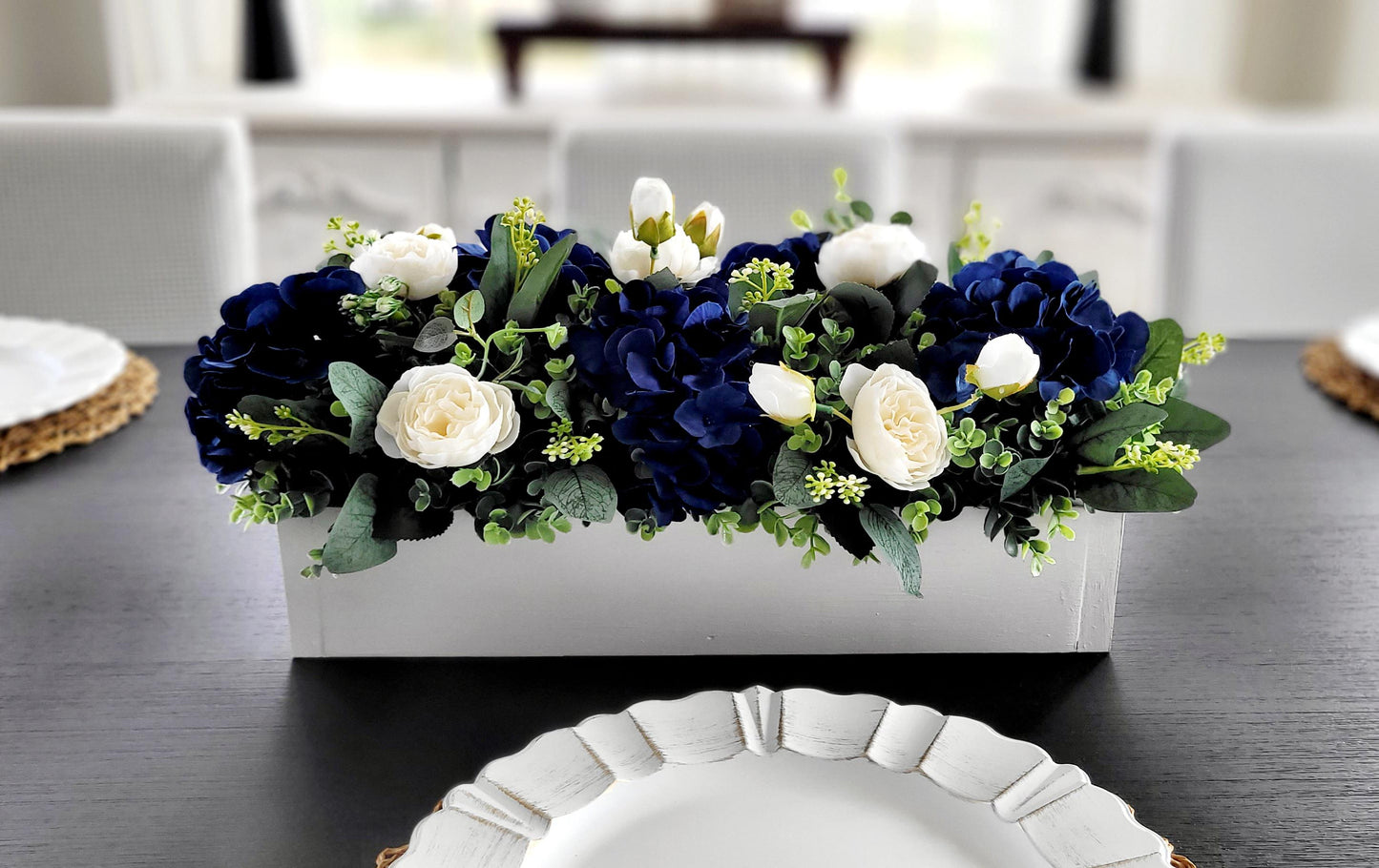 Navy Blue Centerpiece – Silk Flower Arrangement in Rustic Wood Box
