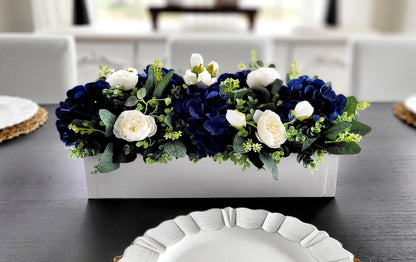 Navy Blue Centerpiece – Silk Flower Arrangement in Rustic Wood Box