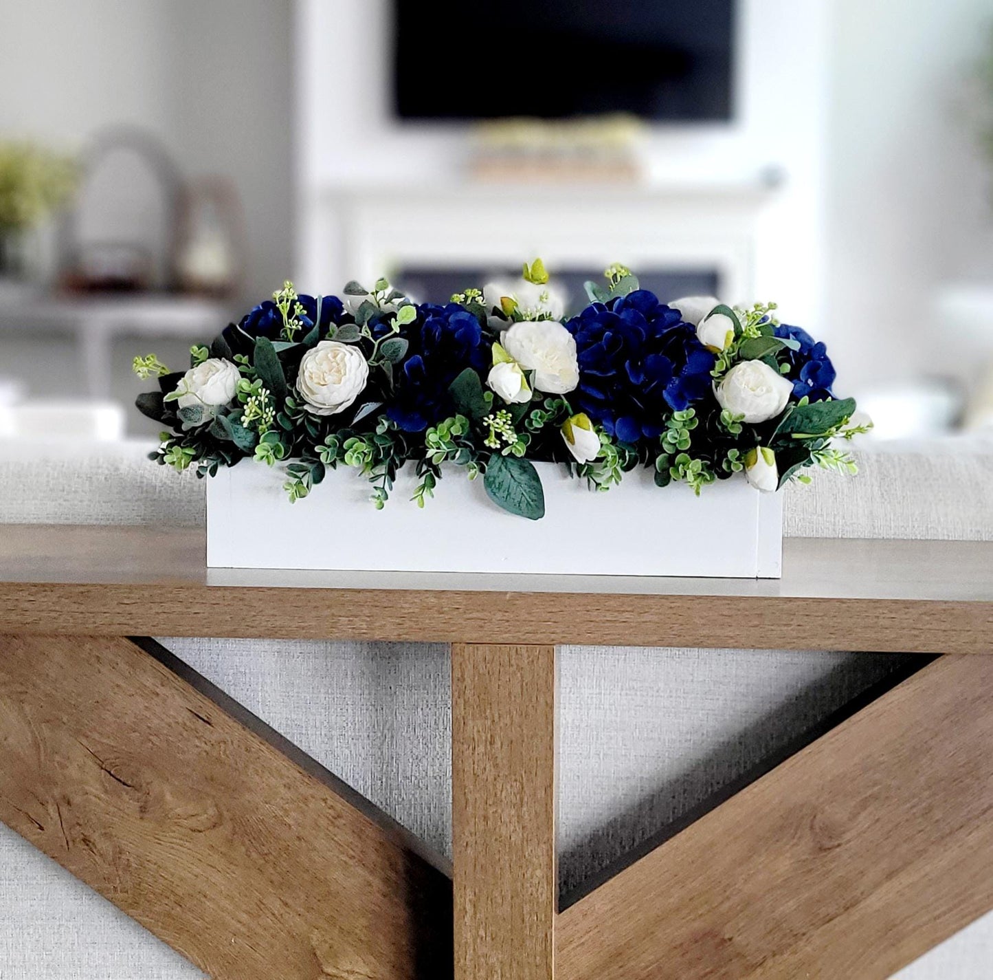 Navy Blue Centerpiece – Silk Flower Arrangement in Rustic Wood Box