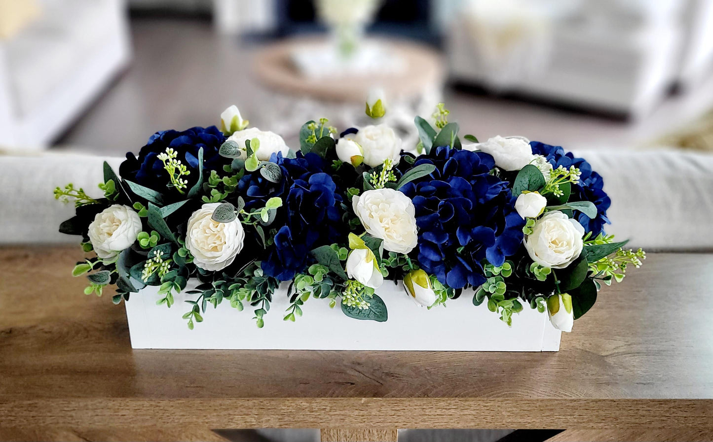 Navy Blue Centerpiece – Silk Flower Arrangement in Rustic Wood Box