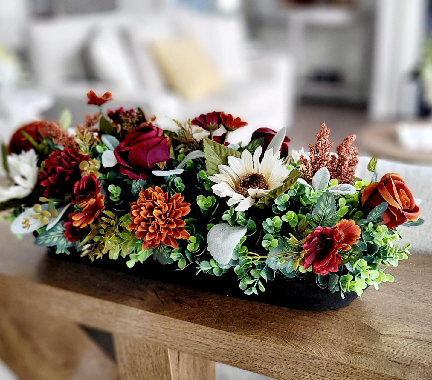 Thanksgiving Centerpiece For Dining Table Artificial Floral Arrangement Dough Bowl With Sunflowers And Roses Silk Flowers In Burgundy Orange Cream Farmhouse Fall Styling Rustic Home Accent Mantel Kitchen Display Ready To Use Seasonal Autumn