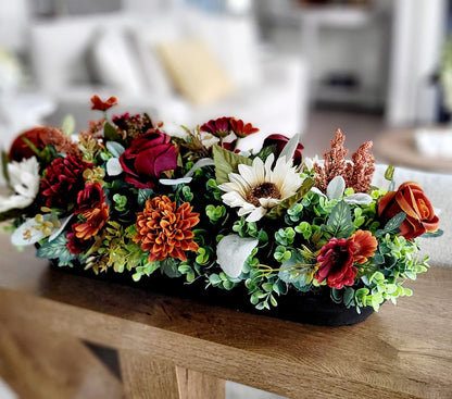 Thanksgiving Centerpiece For Dining Table Artificial Floral Arrangement Dough Bowl With Sunflowers And Roses Silk Flowers In Burgundy Orange Cream Farmhouse Fall Styling Rustic Home Accent Mantel Kitchen Display Ready To Use Seasonal Autumn
