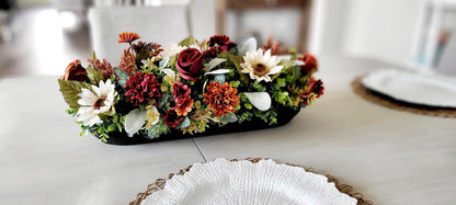 Dough Bowl Centerpiece Arrangement Farmhouse Fall Style Silk Sunflowers Roses Mums Pine Cones Eucalyptus Greenery Burgundy Orange Cream Thanksgiving Table Display Rustic Autumn Styling Dining Room Mantel Kitchen Counter Ready To Display