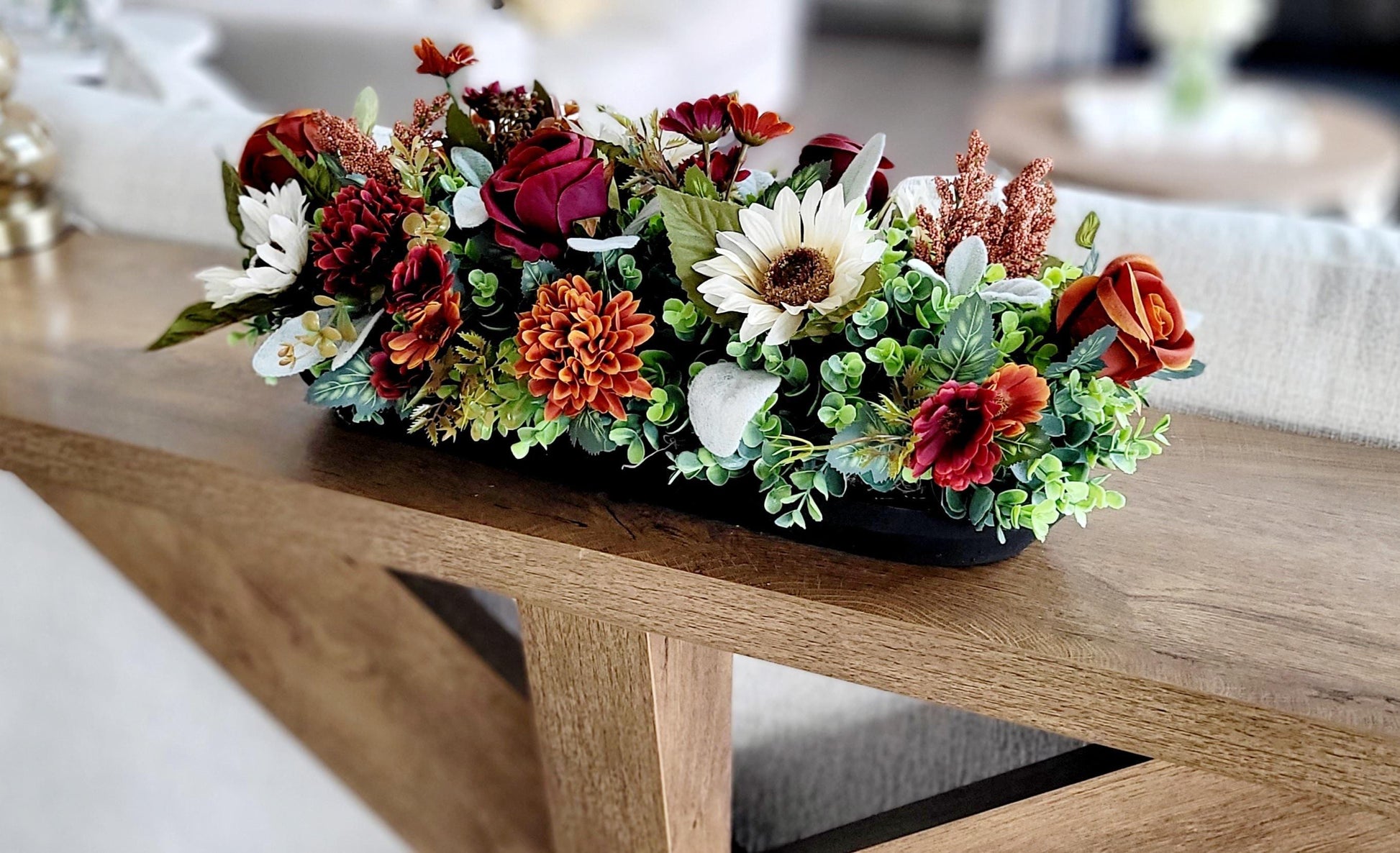 Autumn Centerpiece Arrangement Dough Bowl With Silk Flowers Sunflowers Roses Mums Pine Cones Fall Table Display Burgundy Orange Cream Farmhouse Rustic Home Styling Perfect Thanksgiving Dining Room Mantel Kitchen Counter Ready To Display