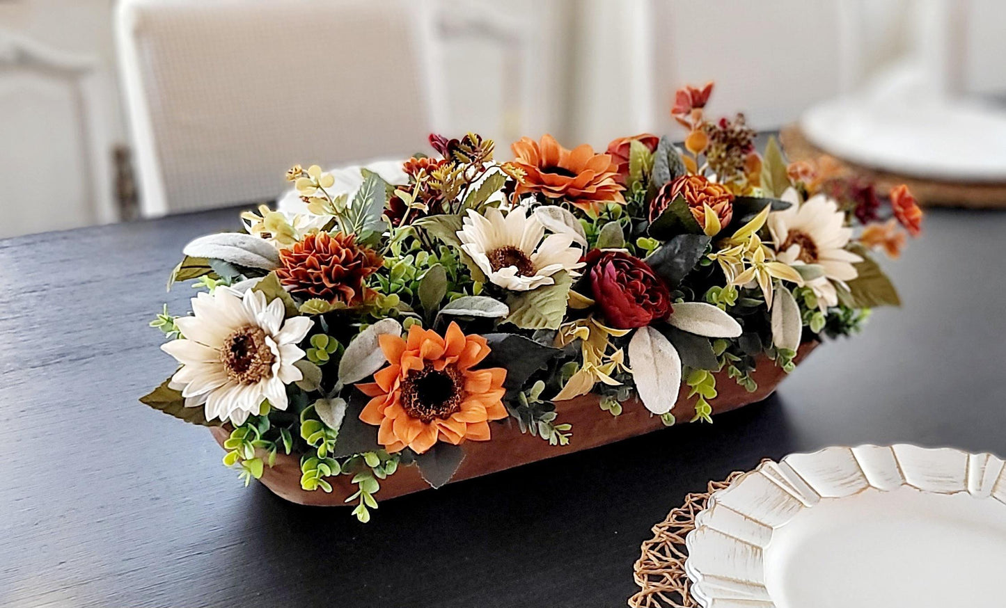 Fall Table Centerpiece – Dough Bowl with Sunflowers Silk Florals
