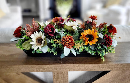 Fall Table Centerpiece – Dough Bowl with Sunflowers Silk Florals