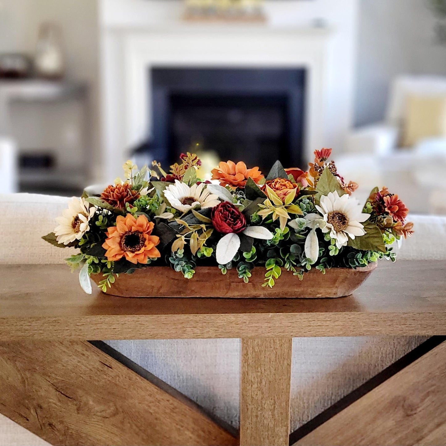 Sunflower Fall Arrangement Dough Bowl Centerpiece Thanksgiving Gift Ready  Autumn Table Mantel Display Handcrafted Silk Flower Collection Mum Rose Greenery Farmhouse Rustic Dining Kitchen Styling Harvest Season Wooden