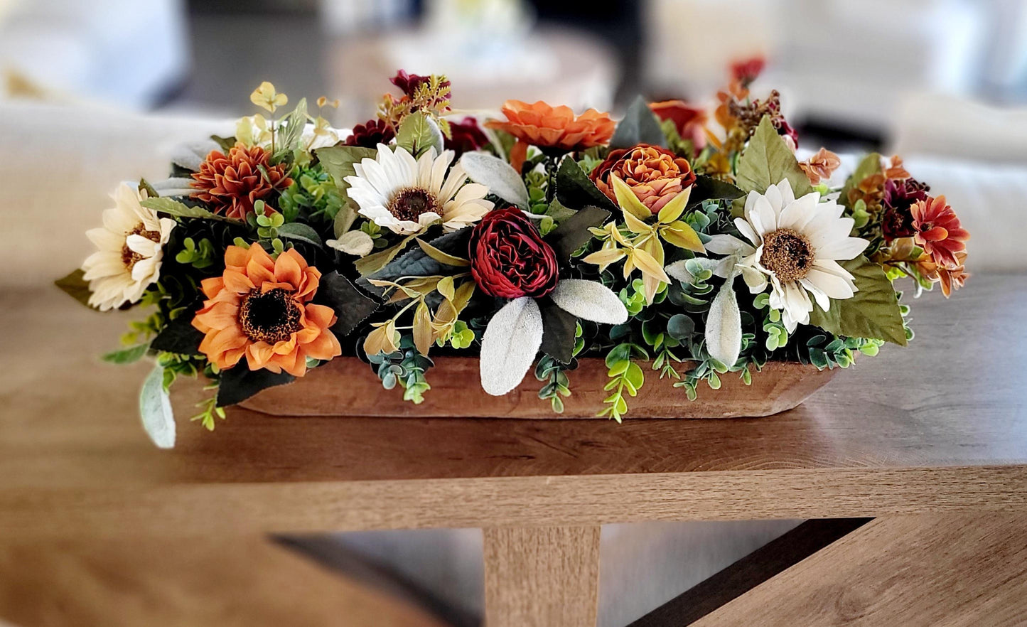 Fall Table Centerpiece – Dough Bowl with Sunflowers Silk Florals