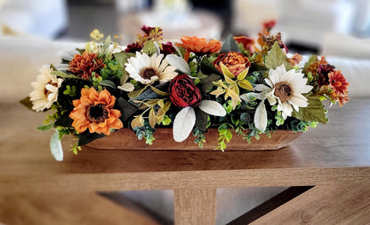 Fall Table Centerpiece – Dough Bowl with Sunflowers Silk Florals