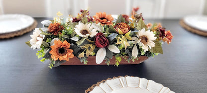 Fall Table Centerpiece – Dough Bowl with Sunflowers Silk Florals