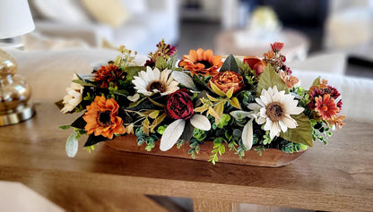 Fall Table Centerpiece – Dough Bowl with Sunflowers Silk Florals