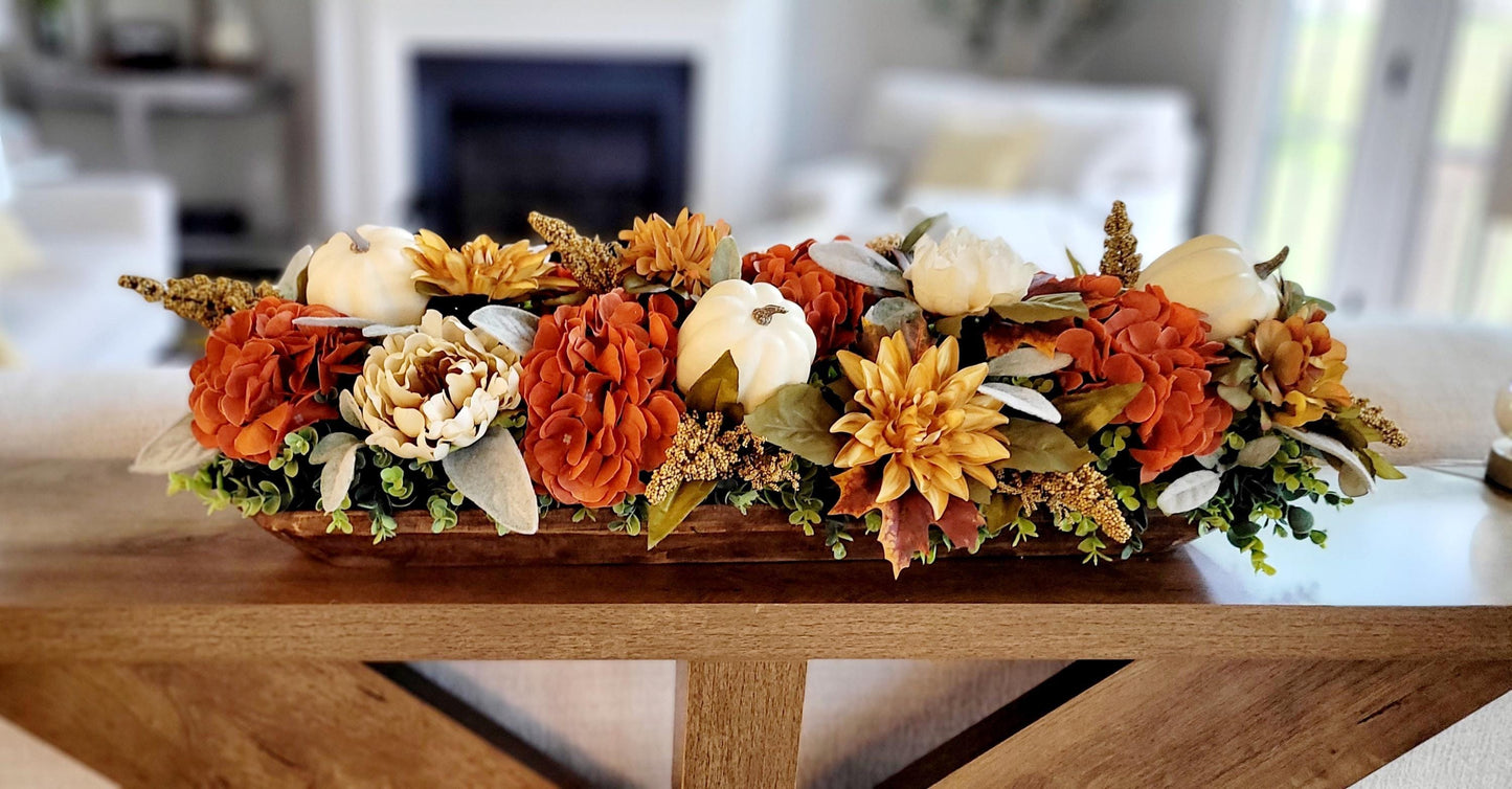 Rustic Farmhouse Centerpiece Hand Carved Wooden Dough Bowl Arrangement Fall Table Display Vibrant Sunflower Collection Thanksgiving Dining Room Accent Harvest Seasonal Florals Golden Autumn Colors Natural Wood Texture Warm Lighting Perfect