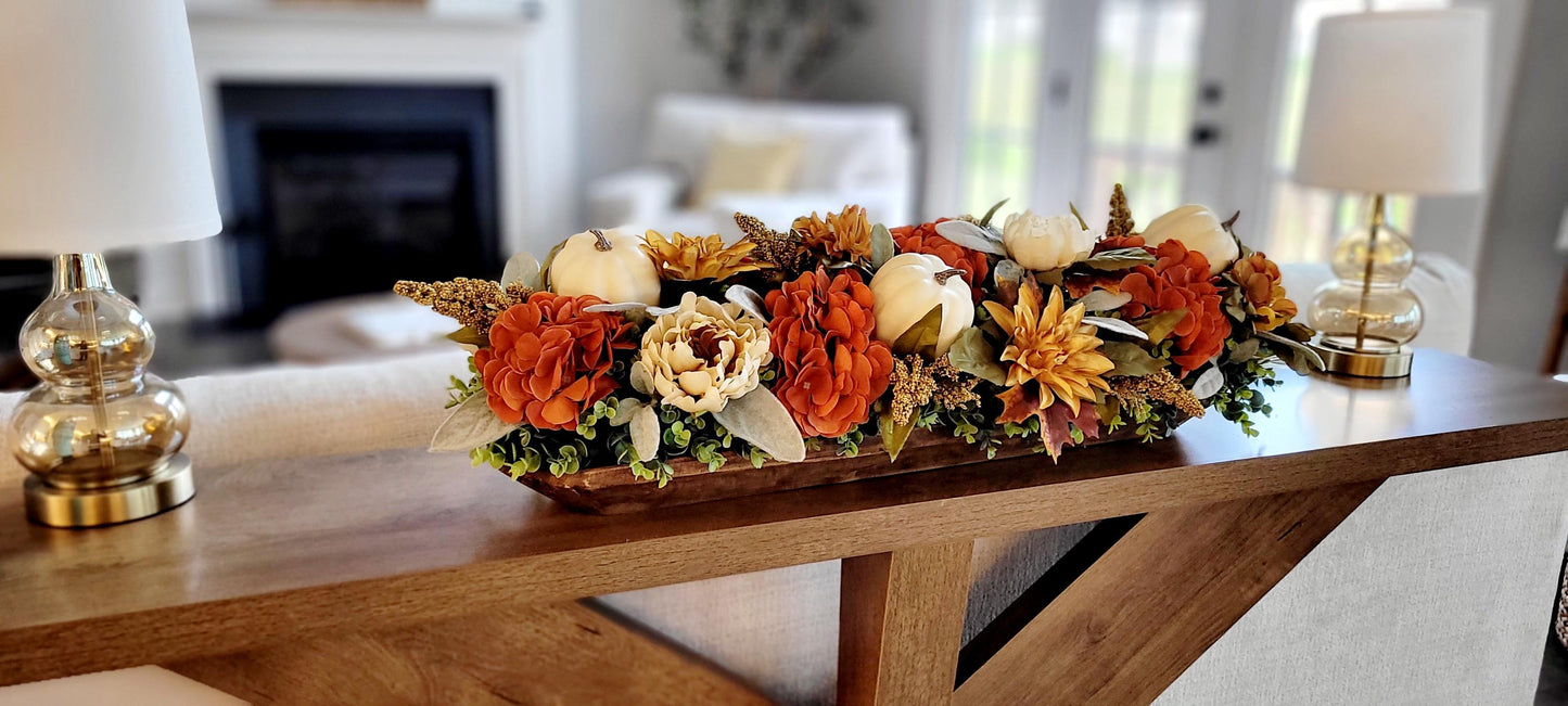 Wooden Dough Bowl Centerpiece Hand Carved Rustic Design Fall Table Arrangement Natural Farmhouse Harvest Display Vibrant Sunflower Collection Autumn Seasonal Florals Thanksgiving Dining Room Accent Golden Colors Warm Lighting Perfect