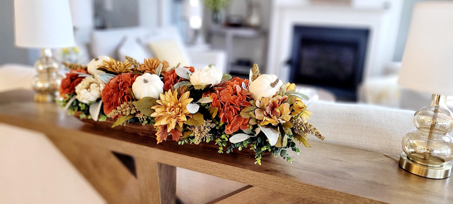 Fall Centerpiece Arrangement Rustic Farmhouse Table Display Wooden Dough Bowl Collection Hand Carved Natural Design Vibrant Sunflower Harvest Theme Autumn Seasonal Florals Thanksgiving Dining Room Accent Golden Colors Warm Ambient Lighting