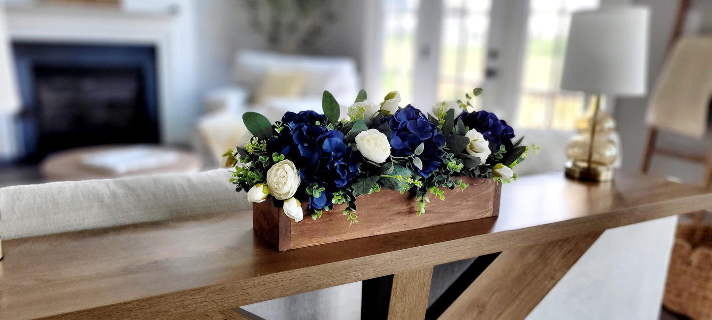 Navy Blue Wedding Centerpiece Silk Flower Arrangement Rustic Wooden Box Planter Artificial Rose Peony Display White Cream Flowers Eucalyptus Greenery Long Rectangle Table Decoration Farmhouse Style Wedding Reception Decor Dining Room Table