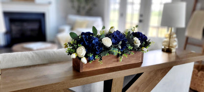 Navy Blue Wedding Centerpiece Silk Flower Arrangement Rustic Wooden Box Planter Artificial Rose Peony Display White Cream Flowers Eucalyptus Greenery Long Rectangle Table Decoration Farmhouse Style Wedding Reception Decor Dining Room Table