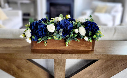 Silk Flower Arrangement Navy Blue Rose Centerpiece Artificial Peony Display Rustic Wood Box Planter White Cream Flowers Eucalyptus Greenery Farmhouse Table Decor Long Rectangle Centerpiece Wedding Reception Display Dining Room Table Accent