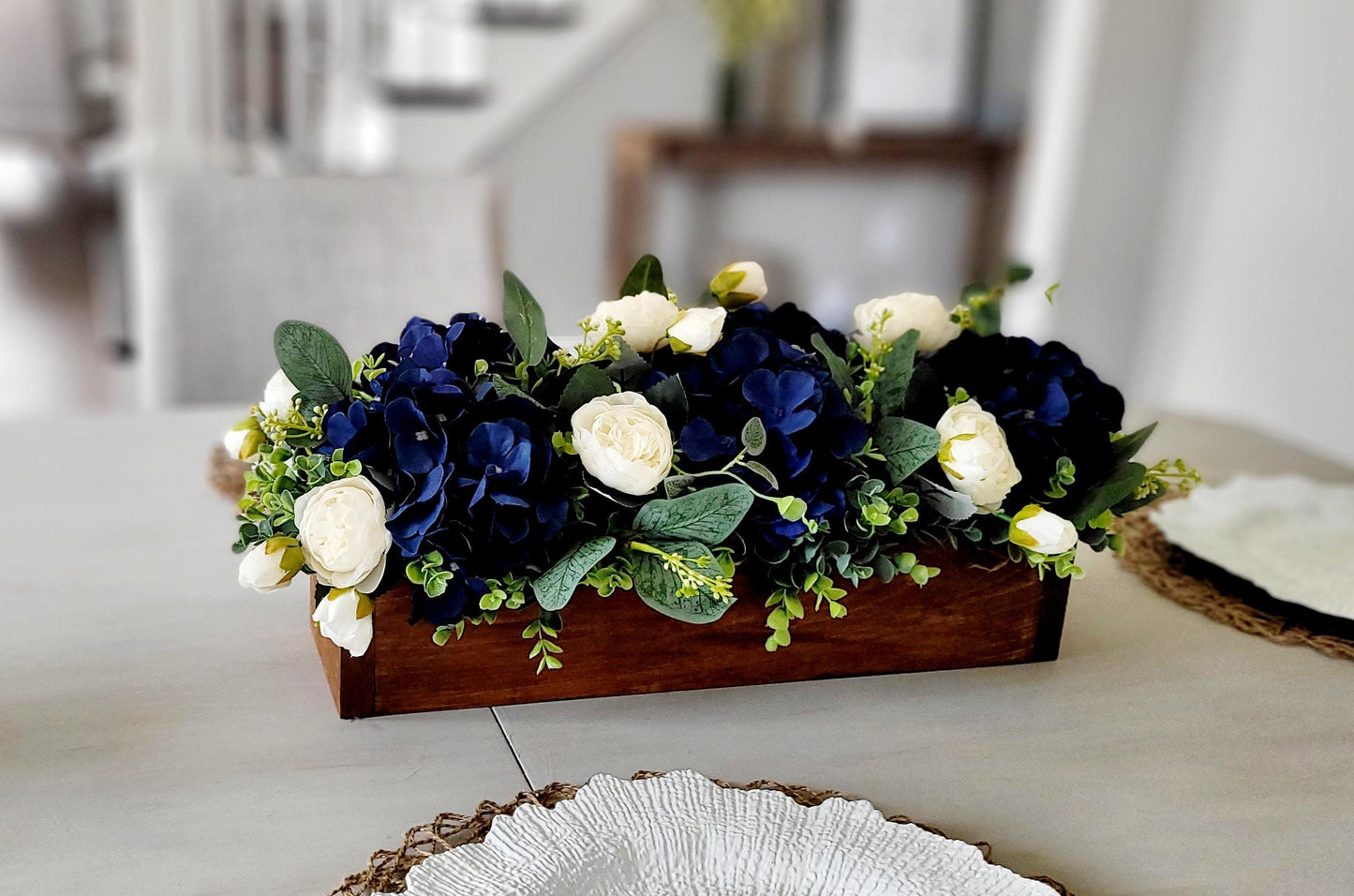 Farmhouse Wedding Centerpiece Navy Blue Silk Roses Rustic Wood Box Arrangement Artificial Flower Display White Cream Blooms Eucalyptus Greenery Long Rectangle Table Decor Dining Room Centerpiece Country Style Wedding Reception Accent Coffee