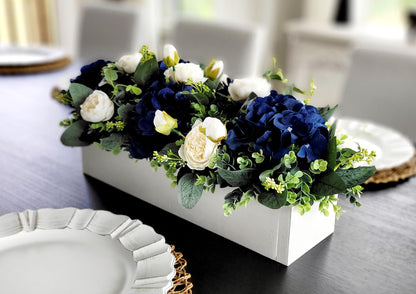 Navy Blue Wedding Centerpiece – Silk Flower Rustic Wooden Box