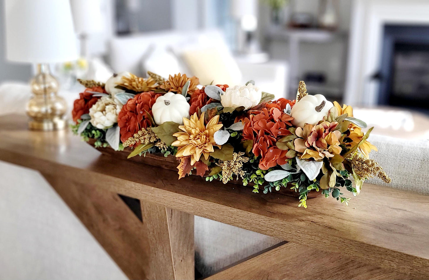 Fall Table Centerpiece Wooden Dough Bowl Arrangement Perfect Thanksgiving Dining Room Display Rustic Farmhouse Harvest Design Hand Carved Natural Wood Container Vibrant Sunflower Collection Autumn Seasonal Florals Golden Colors Warm Ambient