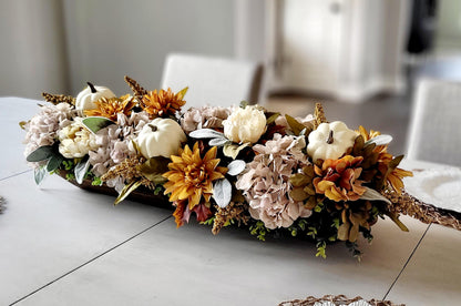 Autumn Harvest Display Fall Centerpiece Collection Wooden Dough Bowl Arrangement Artificial Flower Styling White Pumpkin Accents Rustic Farmhouse Home Styling Dining Room Console Mantel Display Perfect Hostess Present Holiday Entertaining