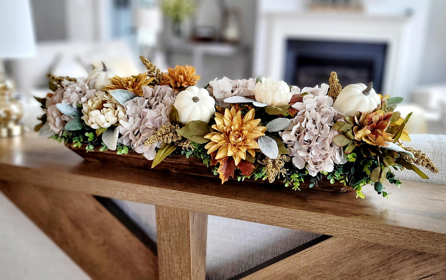 Seasonal Home Styling Fall Centerpiece Arrangement Wooden Dough Bowl Display Rustic Farmhouse Accents Artificial Flower Collection White Pumpkin Styling Dining Room Console Mantel Focal Point Perfect Hostess Present Holiday Entertaining