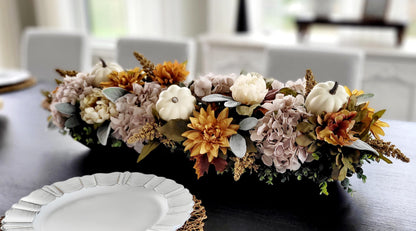 Wooden Dough Bowl Arrangement Sunflower Pumpkin Display Fall Centerpiece Collection Thanksgiving Table Dining Farmhouse Style Autumn Harvest Theme Gold Accents Natural Seasonal Styling Perfect Home Gift Hostess Present Beautiful Rustic