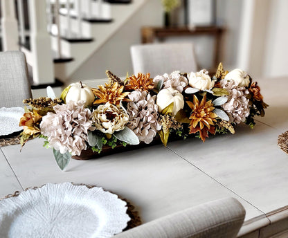 Rustic Farmhouse Centerpiece Autumn Harvest Arrangement Wooden Bowl Display Artificial Flower Collection Pumpkin Styling Accents Dining Room Console Table Focal Point Seasonal Home Styling Perfect Holiday Entertaining Essential Orange Rust