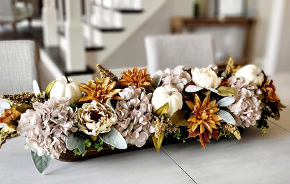 Fall Centerpiece Arrangement Wooden Dough Bowl Display Artificial Flower Collection White Pumpkin Accents Rustic Farmhouse Style Dining Room Focal Point Perfect Hostess Present Holiday Entertaining Essential Autumn Color Palette Orange Rust
