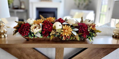Farmhouse Autumn Centerpiece Fall Dough Bowl Arrangement Burgundy Hydrangeas Artificial Pumpkins Gold Accents Large Dining Table Display Thanksgiving Holiday Styling Ready To Use Seasonal Home Elegant Rustic Design Perfect Hostess Gift