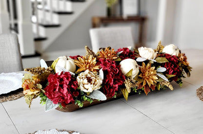 Fall Dough Bowl Centerpiece – Burgundy Hydrangeas Pumpkin Gold