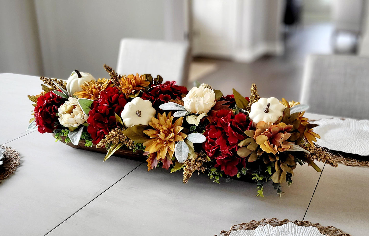 Fall Dough Bowl Centerpiece – Burgundy Hydrangeas Pumpkin Gold