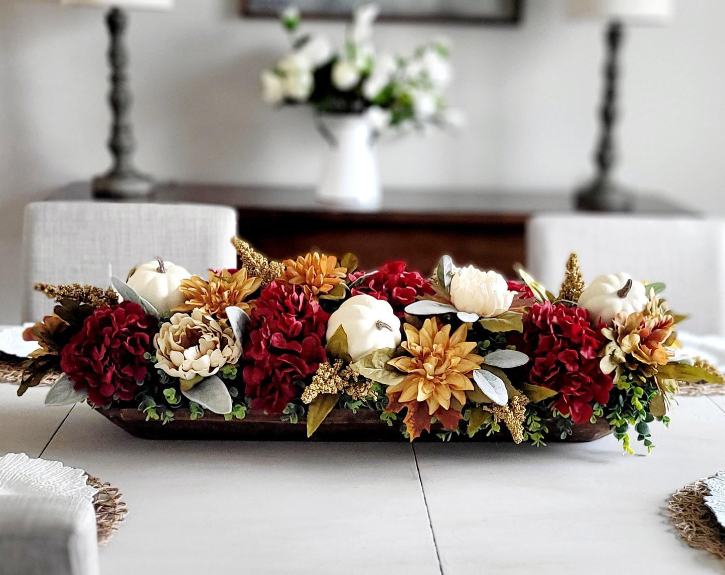 Fall Dough Bowl Centerpiece – Burgundy Hydrangeas Pumpkin Gold