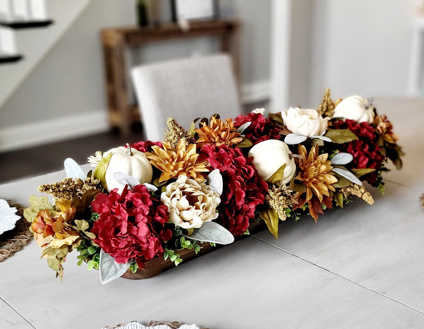 Fall Dough Bowl Centerpiece – Burgundy Hydrangeas Pumpkin Gold