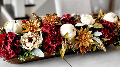 Fall Dough Bowl Centerpiece – Burgundy Hydrangeas Pumpkin Gold