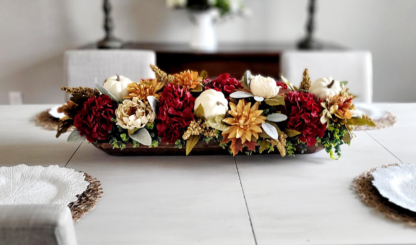 Fall Dough Bowl Centerpiece – Burgundy Hydrangeas Pumpkin Gold