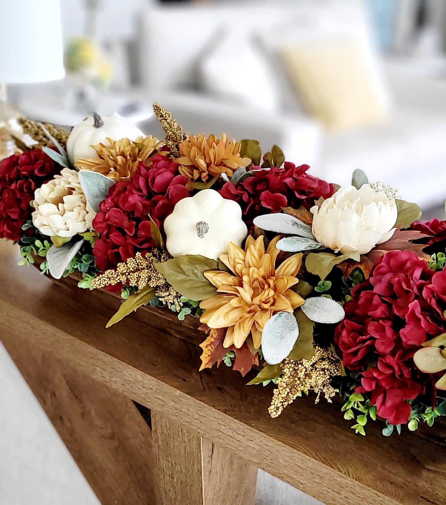 Fall Dough Bowl Centerpiece – Burgundy Hydrangeas Pumpkin Gold