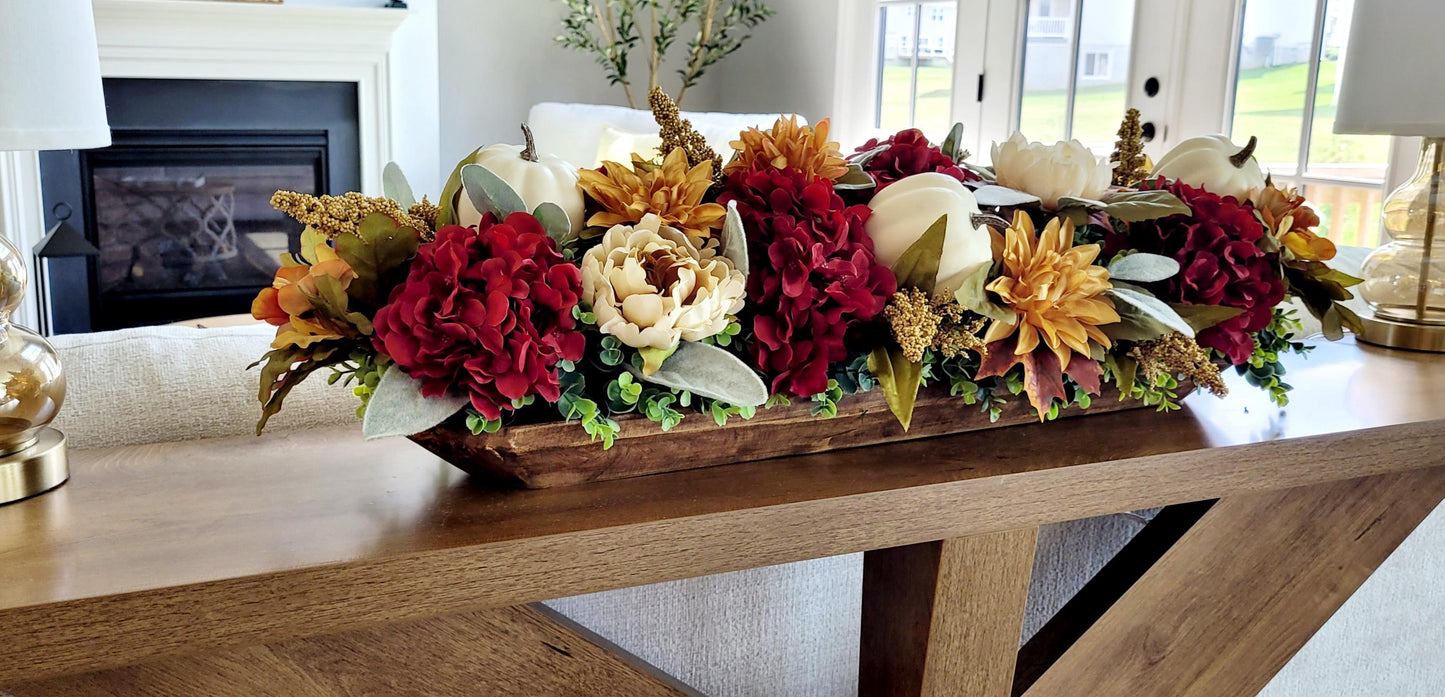 Fall Dough Bowl Centerpiece – Burgundy Hydrangeas Pumpkin Gold
