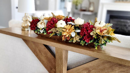 Fall Dough Bowl Centerpiece – Burgundy Hydrangeas Pumpkin Gold