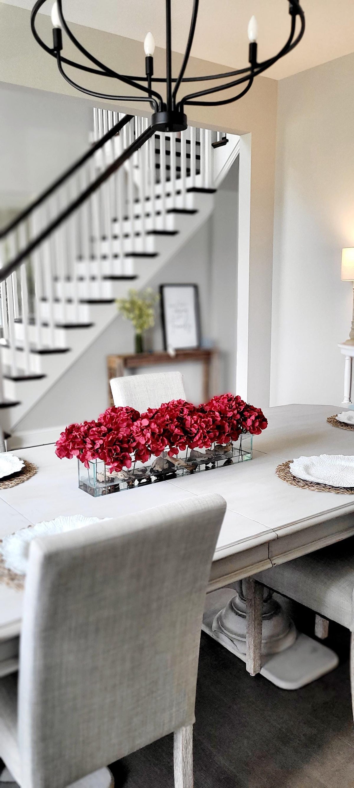 Modern Farmhouse Centerpiece Burgundy Artificial Hydrangea Arrangement Silk Flower Display Glass Vase Collection French Country Home Styling Elegant Dining Table Accent Red Floral Design Contemporary Kitchen Centerpiece Sophisticated Table