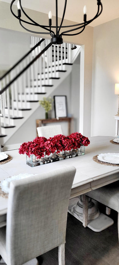 Modern Farmhouse Centerpiece Burgundy Artificial Hydrangea Arrangement Silk Flower Display Glass Vase Collection French Country Home Styling Elegant Dining Table Accent Red Floral Design Contemporary Kitchen Centerpiece Sophisticated Table