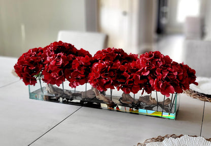 Permanent Floral Centerpiece Artificial Burgundy Hydrangea Display Silk Flower Arrangement Glass Vase Collection Low Maintenance Home Styling Elegant Dining Table Accent Modern Farmhouse Design Red Blooms Year Round Beauty Contemporary