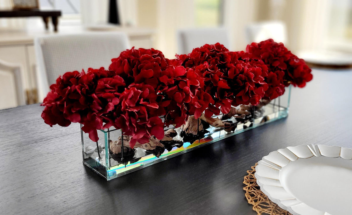 Artificial Hydrangea Centerpiece – Red Silk Dining Table