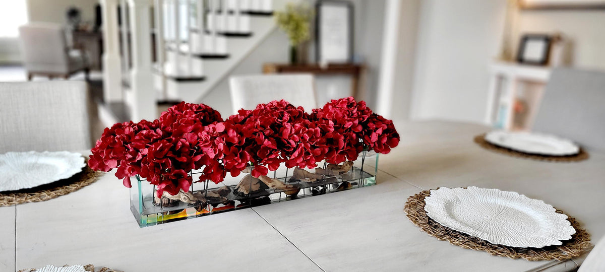 Artificial Hydrangea Centerpiece – Red Silk Dining Table